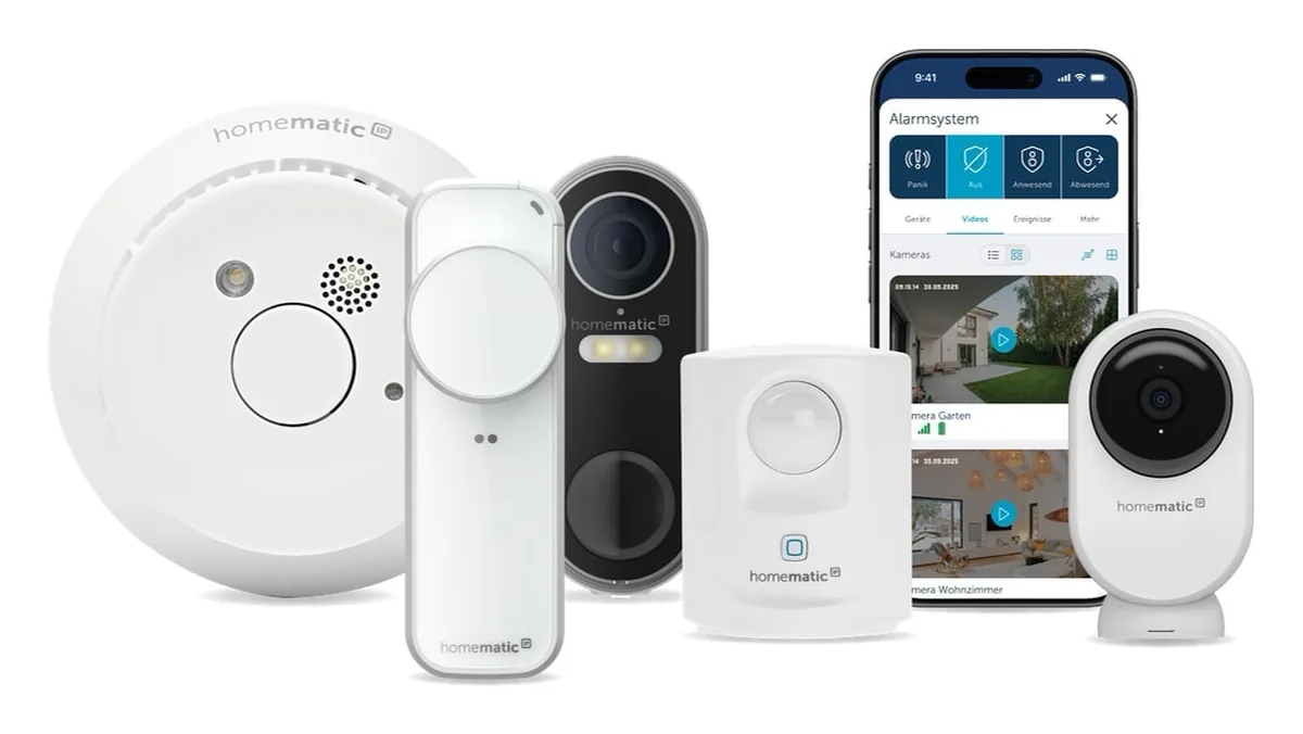 Homematic IP Alarm- und Sicherheitsgeräte: Rauchwarnmelder, Fenster- und Türkontakt, Türklingel mit Kamera, Bewegungsmelder, Innenkamera und App-Steuerung – installiert von Elektro AN Erlangen