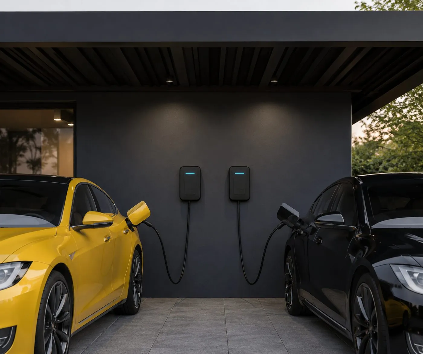 Zwei Wallboxen im Carport einer Wohnanlage – Ladeinfrastruktur für Wohnungseigentümergemeinschaften von Elektro AN Erlangen